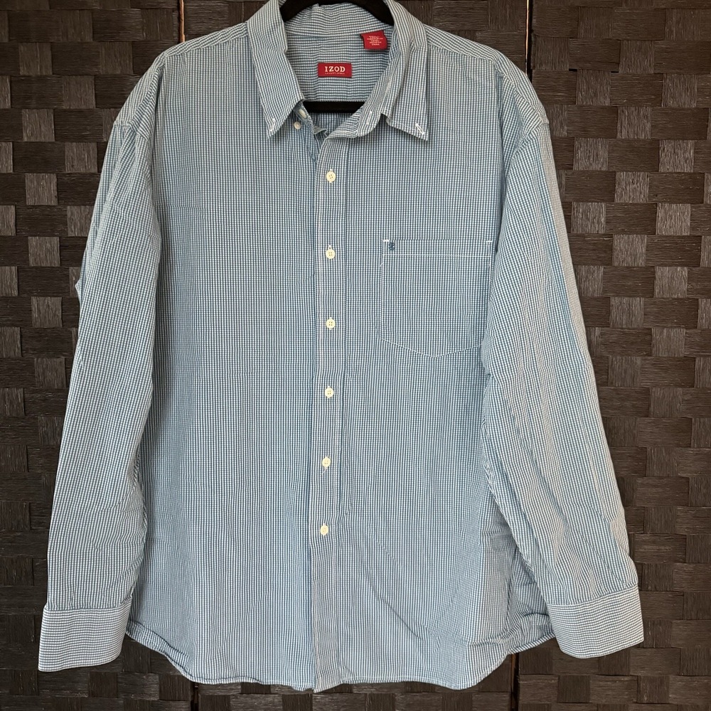 IZOD Shirt Mens XXL Blue White Mini Check Button Up Casual